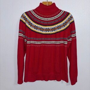 Pendleton Fair Isle Red Turtleneck Sweater Mens XL Vintage Cotton Knit Hole Flaw